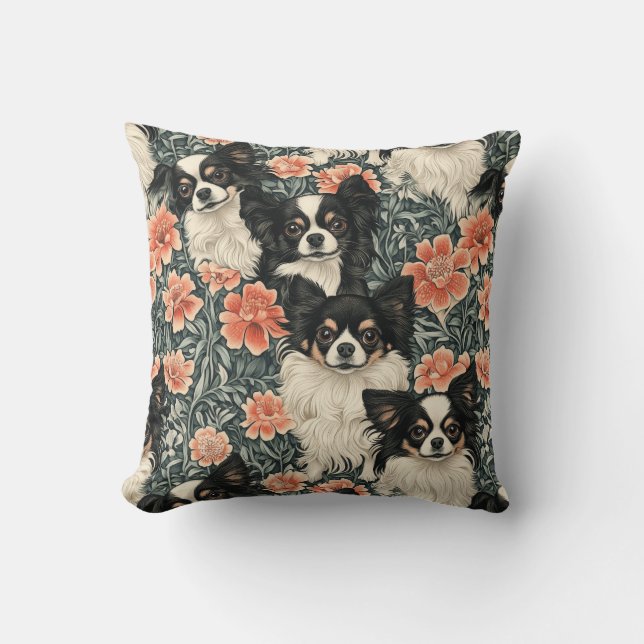 Tricolor Chihuahuas William Morris Style Floral Cushion (Front)