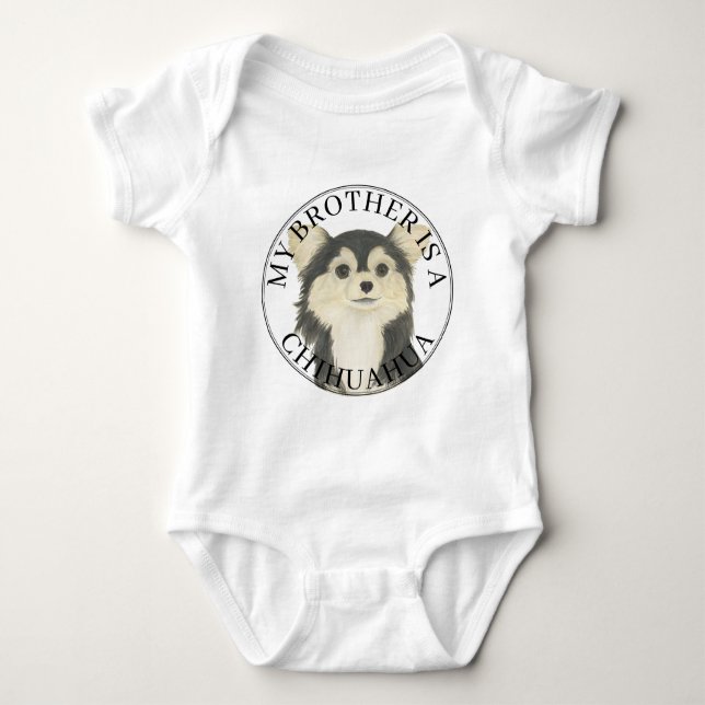 Tricolor Long Haired Chihuahua Big Brother Baby Bodysuit (Front)