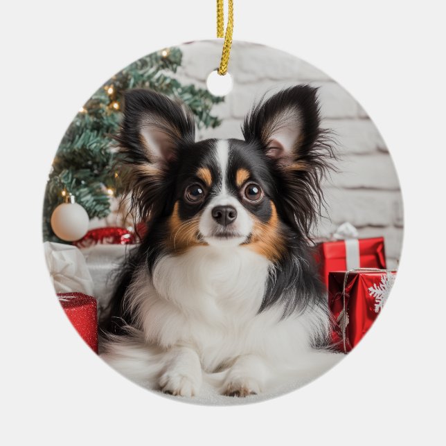 Tricolor Papillon Christmas Ceramic Ornament (Front)
