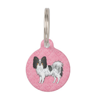 Tricolor Papillon Cute Cartoon Dog On Pink Hearts Pet Tag