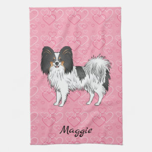 Tricolor Papillon Cute Cartoon Dog On Pink Hearts Tea Towel