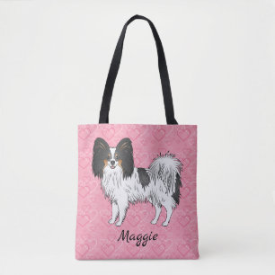 Tricolor Papillon Cute Cartoon Dog On Pink Hearts Tote Bag