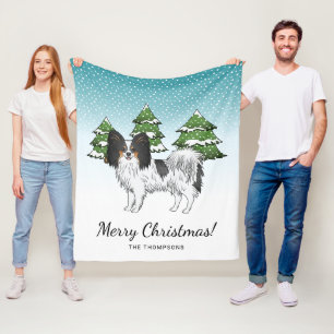 Tricolor Papillon Cute Dog In A Winter Forest Fleece Blanket