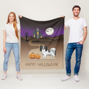 Tricolor Papillon Dog And Halloween Haunted House Fleece Blanket