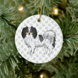 Tricolor Phalène Cute Cartoon Dog With Grey Paws Ceramic Ornament