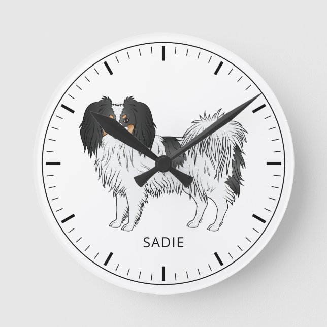 Tricolor Phalène Dog With Personalised Custom Text Round Clock (Front)