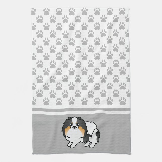 Tricolor Pomeranian With Grey Paws Pattern Tea Towel (Vertical)