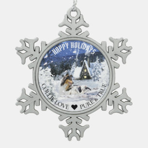 Tricolor Rough Collie and Lambs in Winter Night - Snowflake Pewter Christmas Ornament