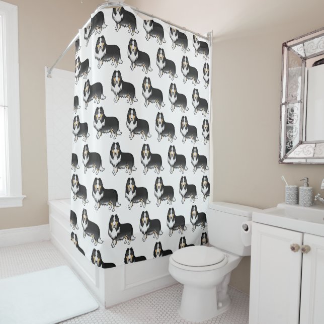 Tricolor Rough Collie Cute Cartoon Dog Pattern Shower Curtain (In Situ)