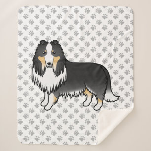 Tricolor Rough Collie Cute Cartoon Dog & Paws Sherpa Blanket
