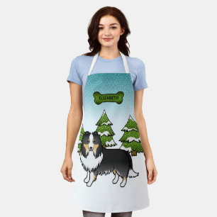 Tricolor Sheltie Cartoon Dog In Winter & Name Apron