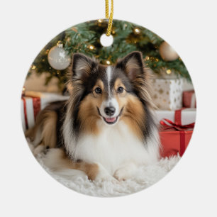 Tricolor Sheltie Christmas Ceramic Ornament