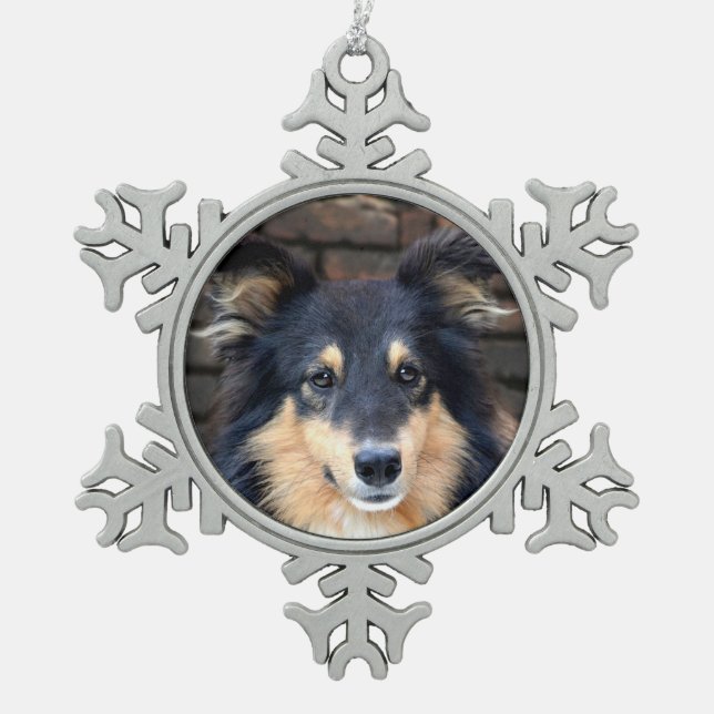Tricolor Sheltie face Snowflake Pewter Christmas Ornament (Front)