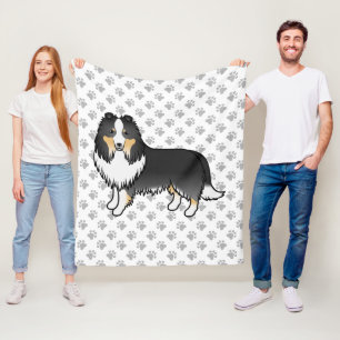 Tricolor Shetland Sheepdog Cartoon Dog & Paws Fleece Blanket