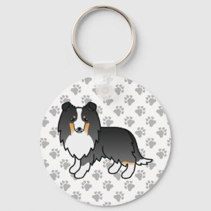 Tricolor Shetland Sheepdog Cartoon Dog & Paws Key Ring