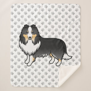 Tricolor Shetland Sheepdog Cartoon Dog & Paws Sherpa Blanket