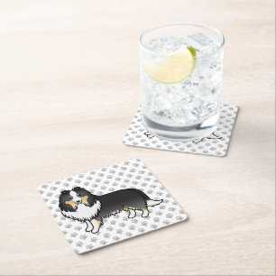 Tricolor Shetland Sheepdog Cartoon Dog & Paws Square Paper Coaster