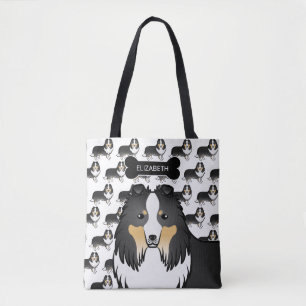 Tricolor Shetland Sheepdog Dog And Bone & Name Tote Bag