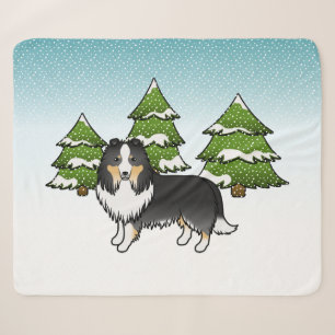 Tricolor Shetland Sheepdog In A Winter Forest Sherpa Blanket