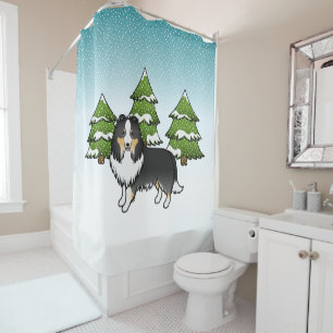Tricolor Shetland Sheepdog In A Winter Forest Shower Curtain