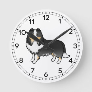 Tricolor Shetland Sheepdog Sheltie Cartoon Dog Round Clock