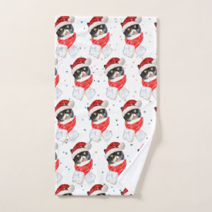 Tricolored Cat Christmas Watercolor with Scarf Hand Towel