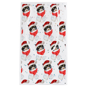 Tricolored Cat Christmas Watercolor with Scarf Small Gift Bag