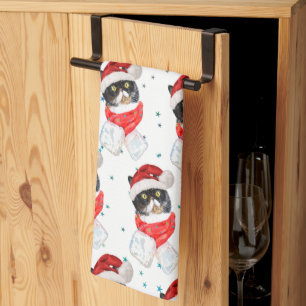 Tricolored Cat Christmas Watercolor with Scarf Tea Towel