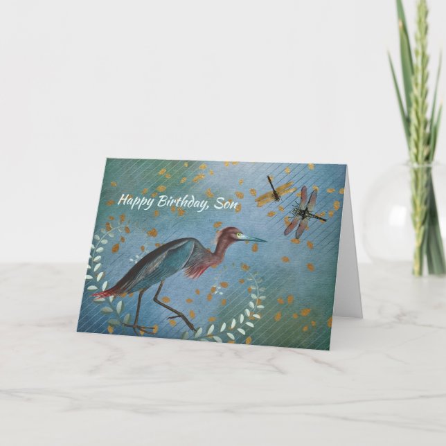 Tricolored Heron and Dragonflies Birthday Card (Front)