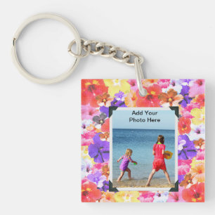 Tricolored Mosaic Hibiscus Flowers, Key Ring