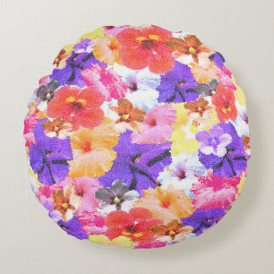 Tricolored Mosaic Hibiscus Flowers, Round Cushion
