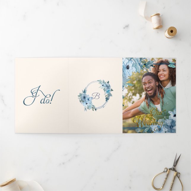Trifold Blue Floral Watrcolor Wedding Invitation (Outside)