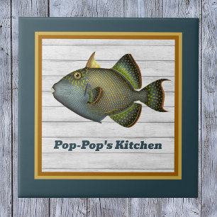 Triggerfish in Deep Teal Gold and Orange with Name Ceramic Tile