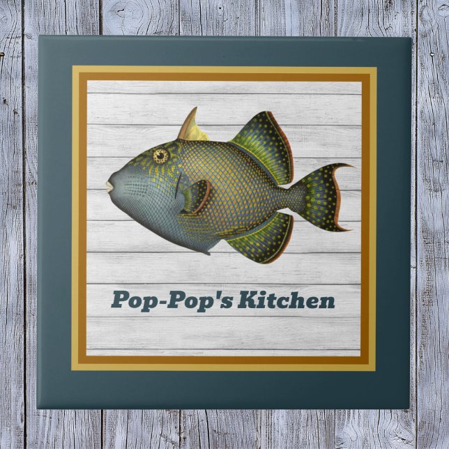 Triggerfish in Deep Teal Gold and Orange with Name Ceramic Tile (Creator Uploaded)