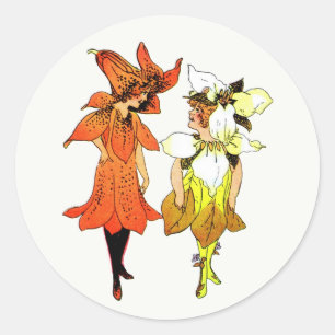 Trillium and Tiger-Lily, Whimsical Flower Book Art Classic Round Sticker