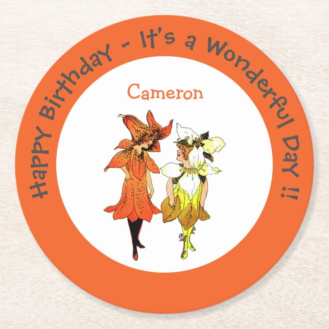 Trillium Tiger-Lily Whimsical Flower Party Supply Round Paper Coaster (Front)