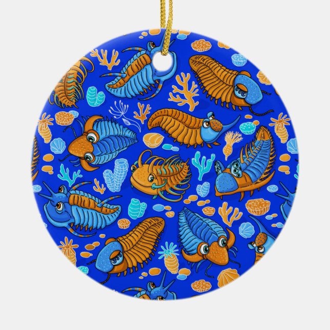 Trilobites on dark blue background (kids pattern) ceramic ornament (Front)