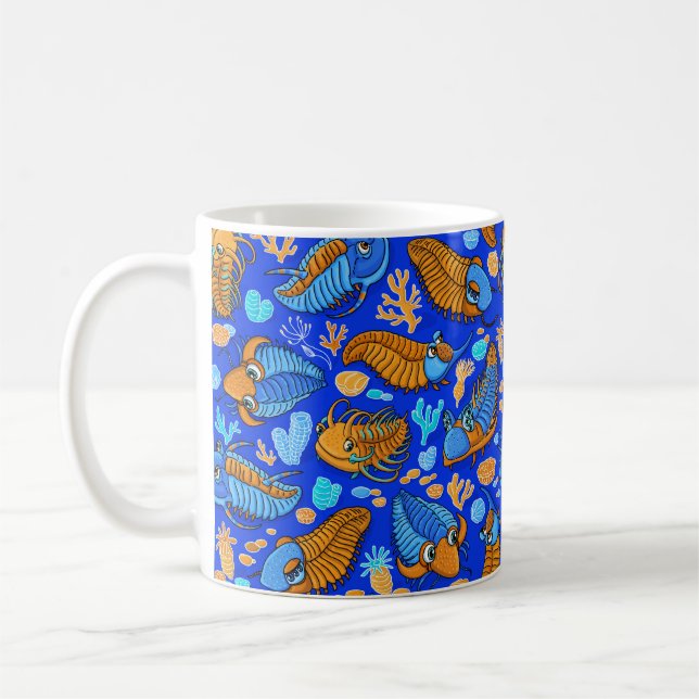 Trilobites on dark blue background (kids pattern) coffee mug (Left)