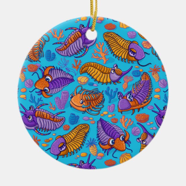 Trilobites on light blue background (kids pattern) ceramic ornament (Front)