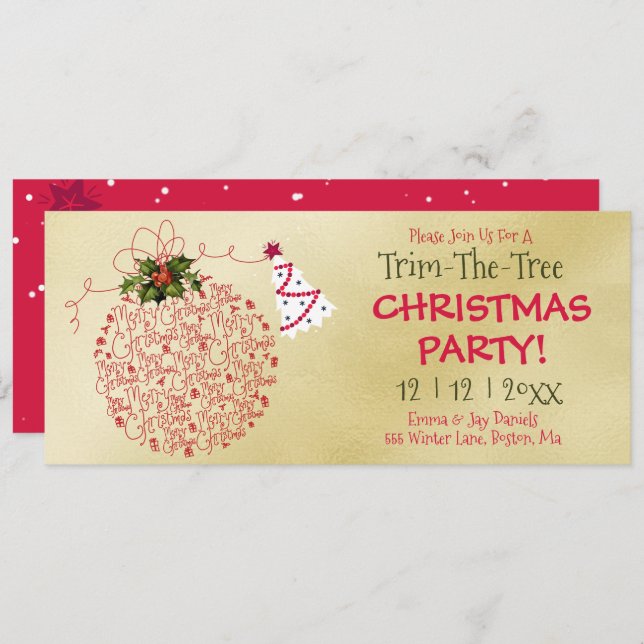 Trim-The-Tree, Red and Gold Christmas Party Invitation (Front/Back)