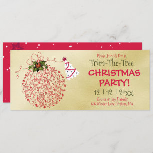 Trim-The-Tree, Red and Gold Christmas Party Invitation