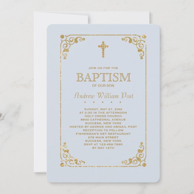 Trimmed in Gold Blue Religious Invitation (Front)