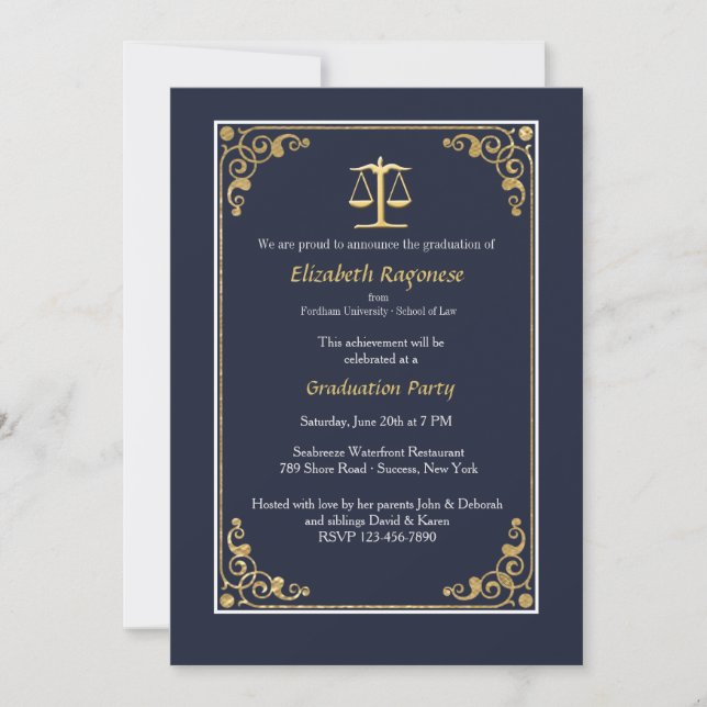 Trimmed in Gold Justice Scale Graduation Invites (Front)