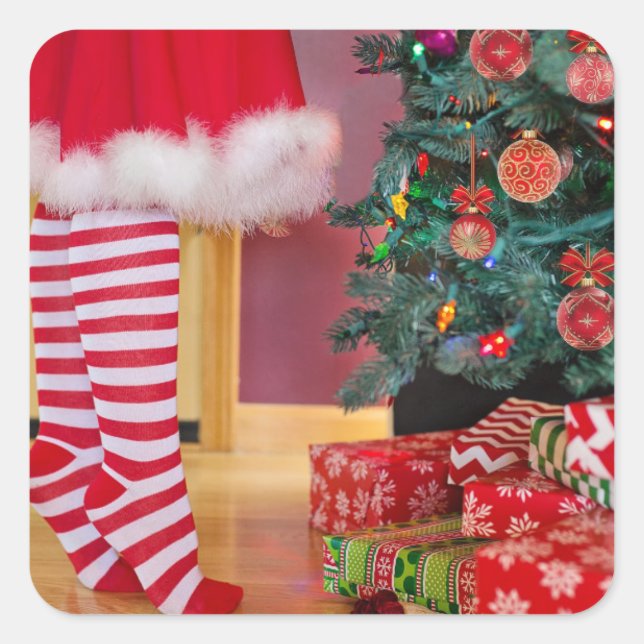 TRIMMING THE TREE CHRISTMAS SQUARE STICKER (Front)