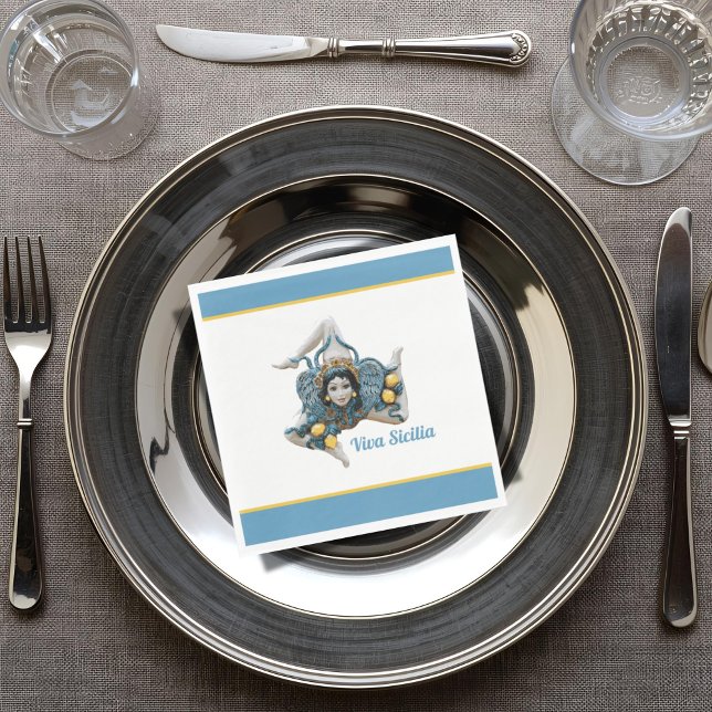 Trinacria of Sicily Sicilia Blue and Yellow Napkin (Trinacria of Sicily Blue and White Napkin with custom wording)