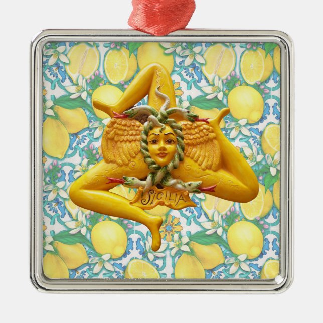 Trinacria Sicilia Sicily Lemon Blue Tile Floral  Metal Ornament (Front)