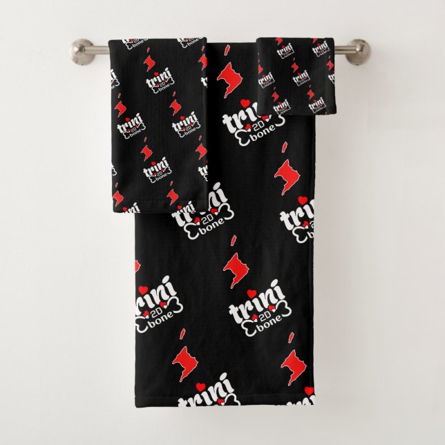 Trini to de Bone with Islands Map Angled on BLACK Bath Towel Set (Insitu)