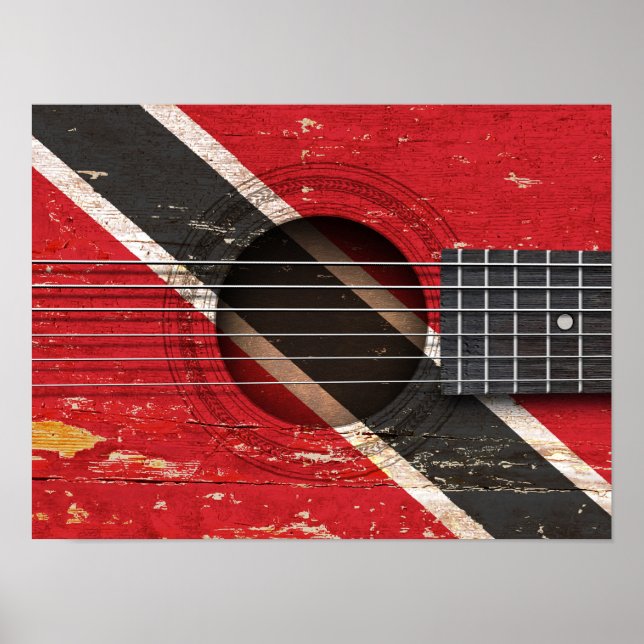 Trinidad and Tobago Flag on Old Acoustic Guitar Poster (Front)