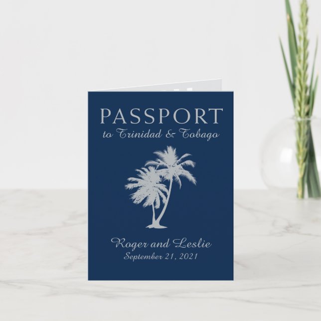 Trinidad Tobago Blue  Palm Tree Wedding Passport Invitation (Front)