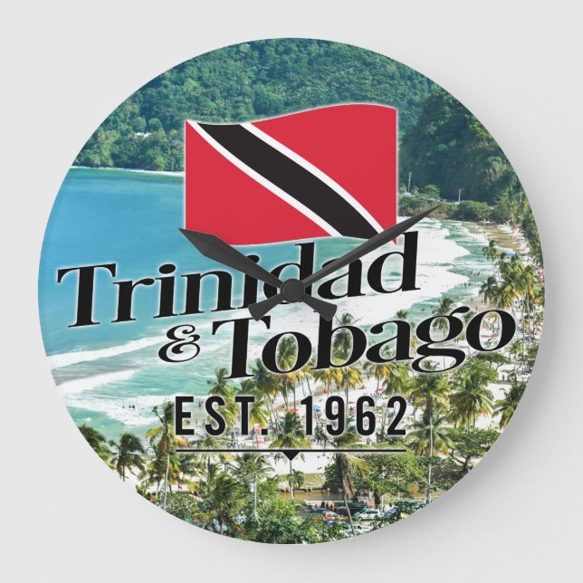 "Trinidad & Tobago Est. 1962" Beach With Flag Large Clock (Front)